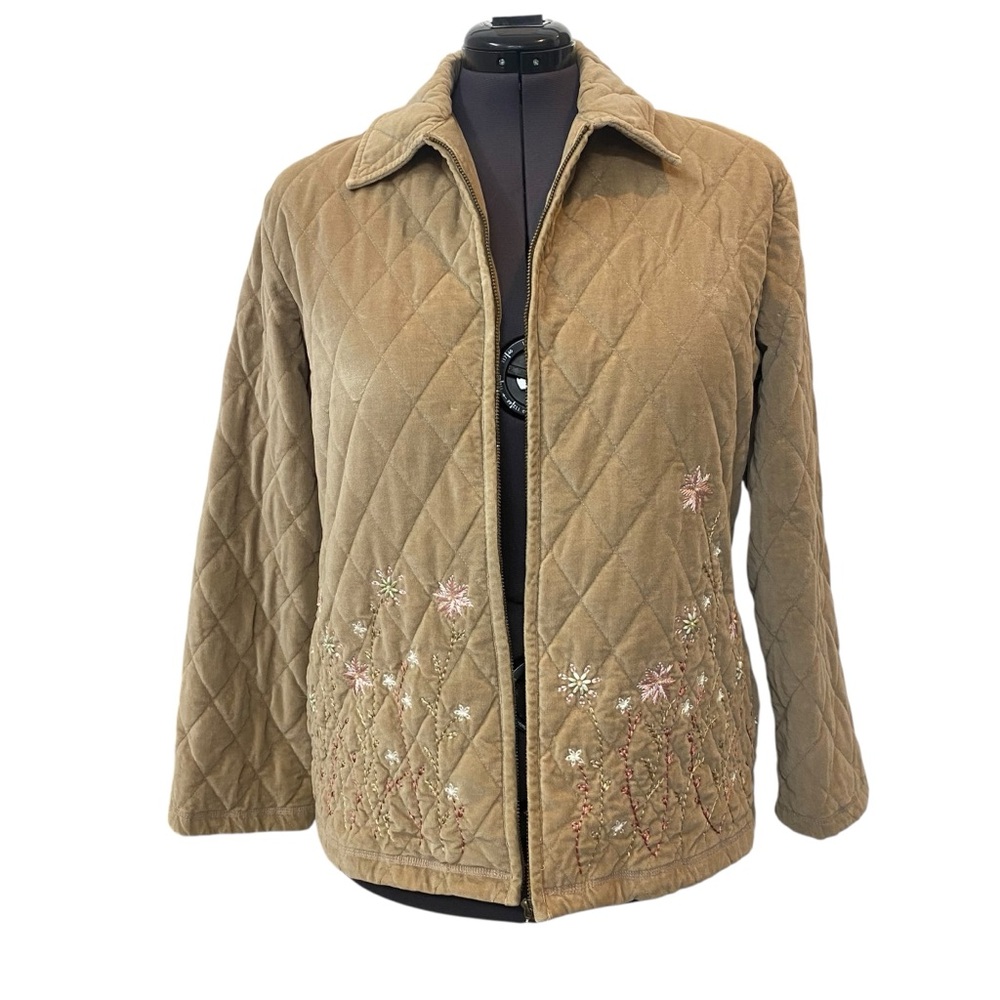 Alfred Dunner Women's size 14 Quilted Tan Zip Up Jacket with Floral Embroidery